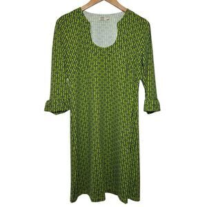 Katherine Way Dress Women L Green Blue Stretch Made in USA Spring Preppy Church